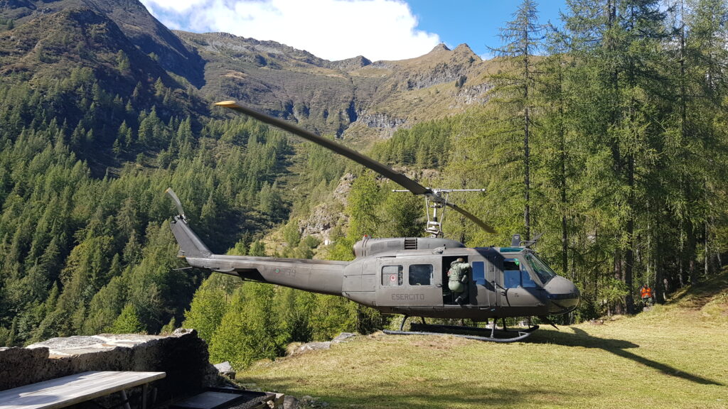 The UH205 helicopter used by the bomb squad in Antrona 